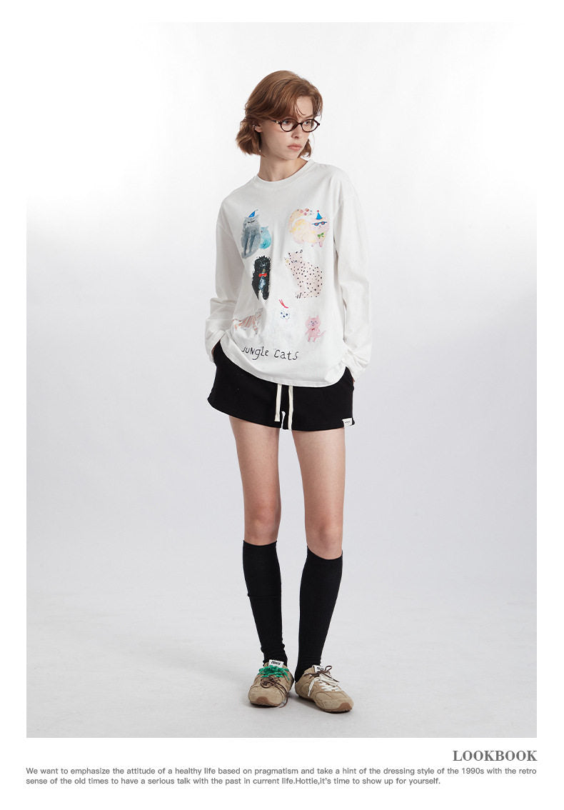Women's Cat Graphic Long Sleeve Crew Neck T-Shirt