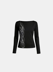 Badblood Women's Letter Print Boat Neck Slim Fit Long Sleeve T-Shirt