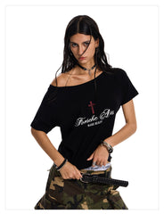 Women's Reversible One-Shoulder Cross Graphic T-Shirt