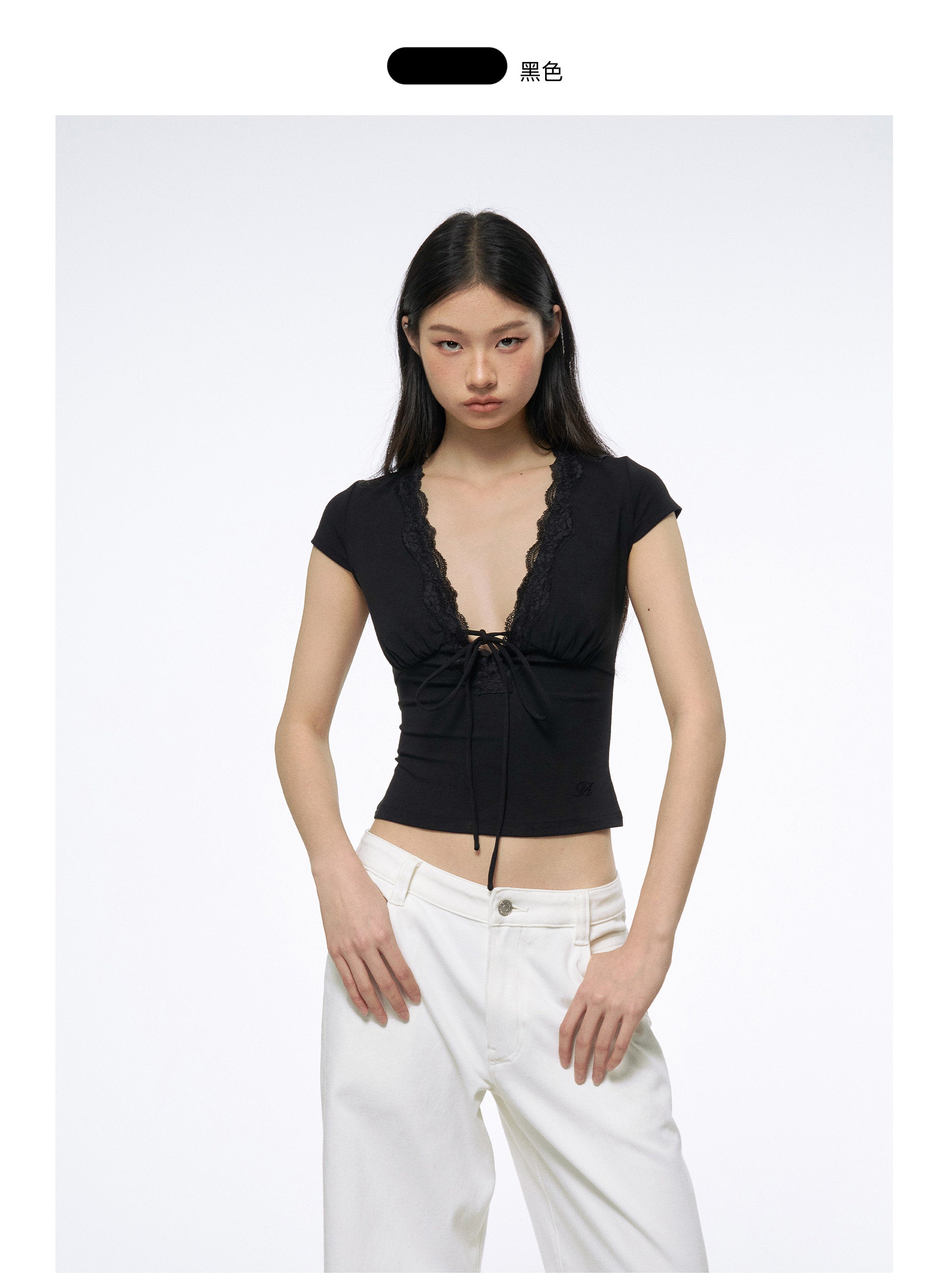 Women's Deep V-Neck Lace Trim Tie-Front Slim Fit T-Shirt