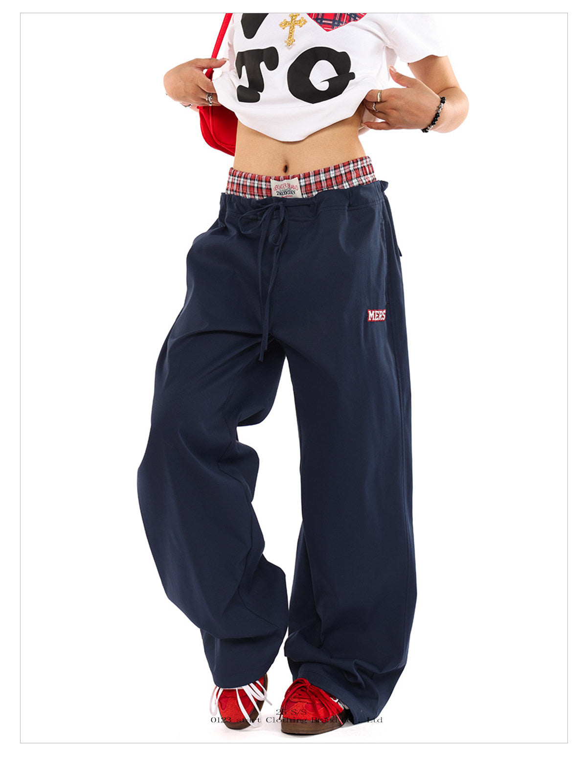 Unisex Double Waist Plaid Patchwork Cargo Pants