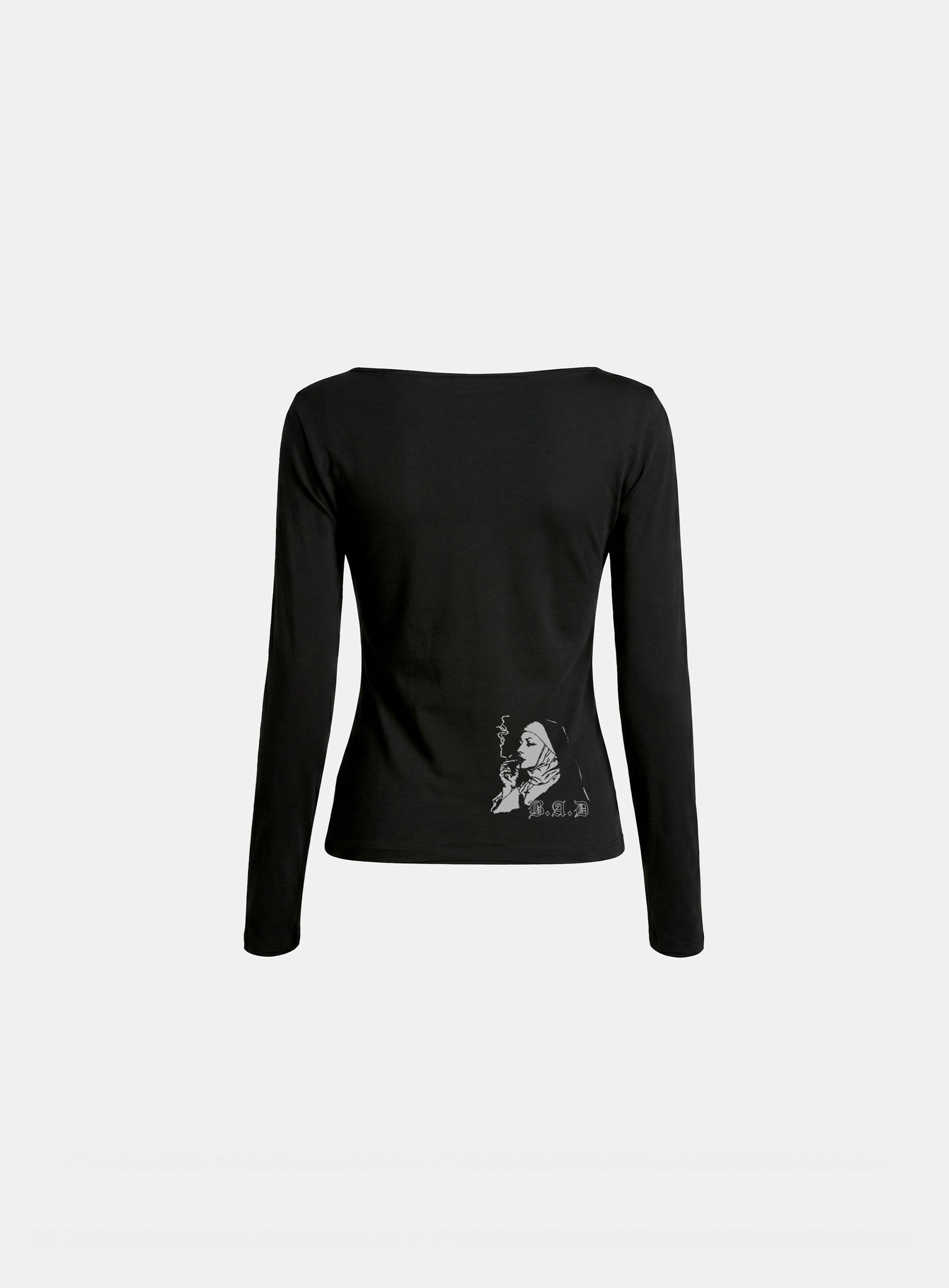 Badblood Women's Letter Print Boat Neck Slim Fit Long Sleeve T-Shirt