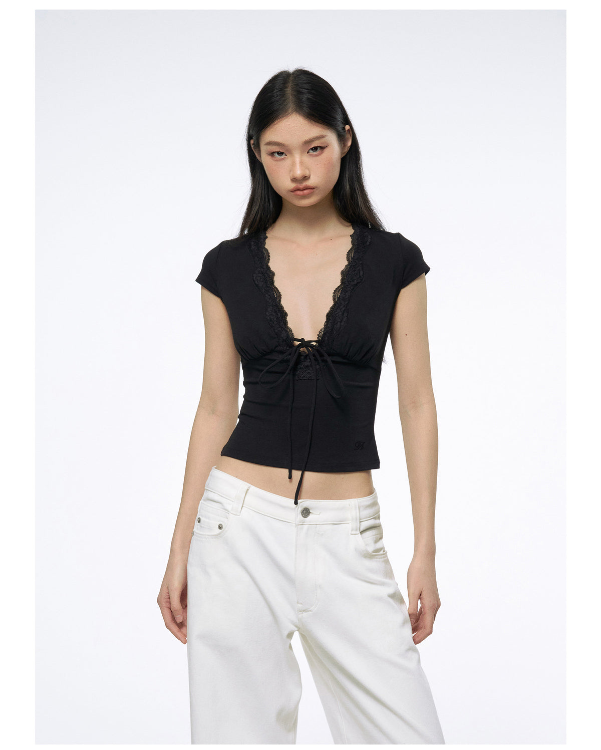 Women's Deep V-Neck Lace Trim Tie-Front Slim Fit T-Shirt