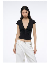 Women's Deep V-Neck Lace Trim Tie-Front Slim Fit T-Shirt