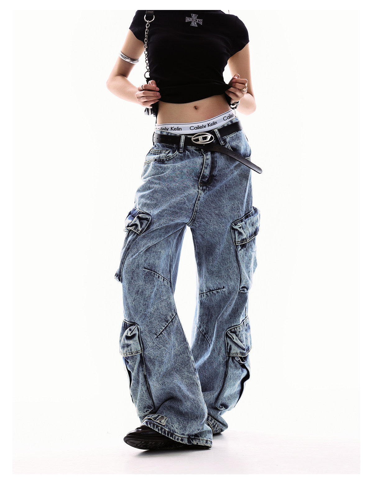 Unisex Multi-Pocket Cargo Denim Wide-Leg Jeans