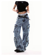 Unisex Multi-Pocket Cargo Denim Wide-Leg Jeans