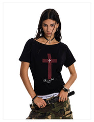 Women's Reversible One-Shoulder Cross Graphic T-Shirt