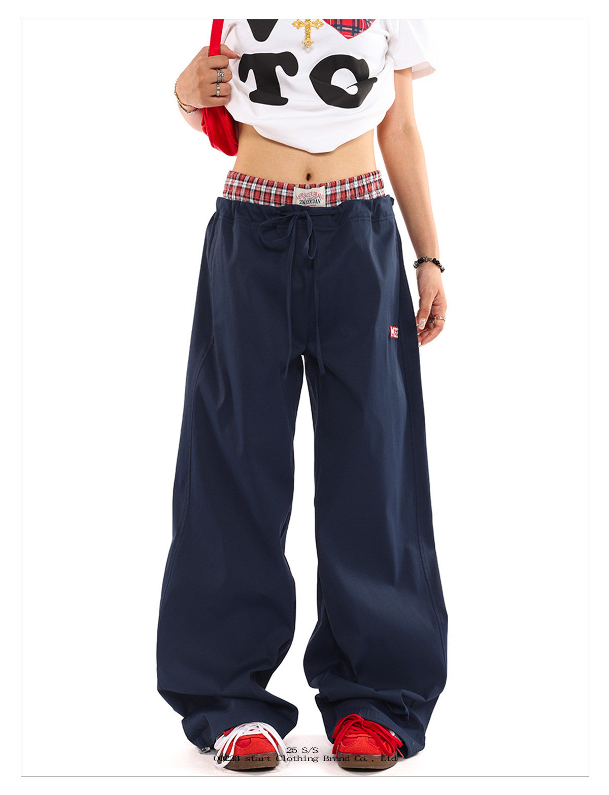 Unisex Double Waist Plaid Patchwork Cargo Pants