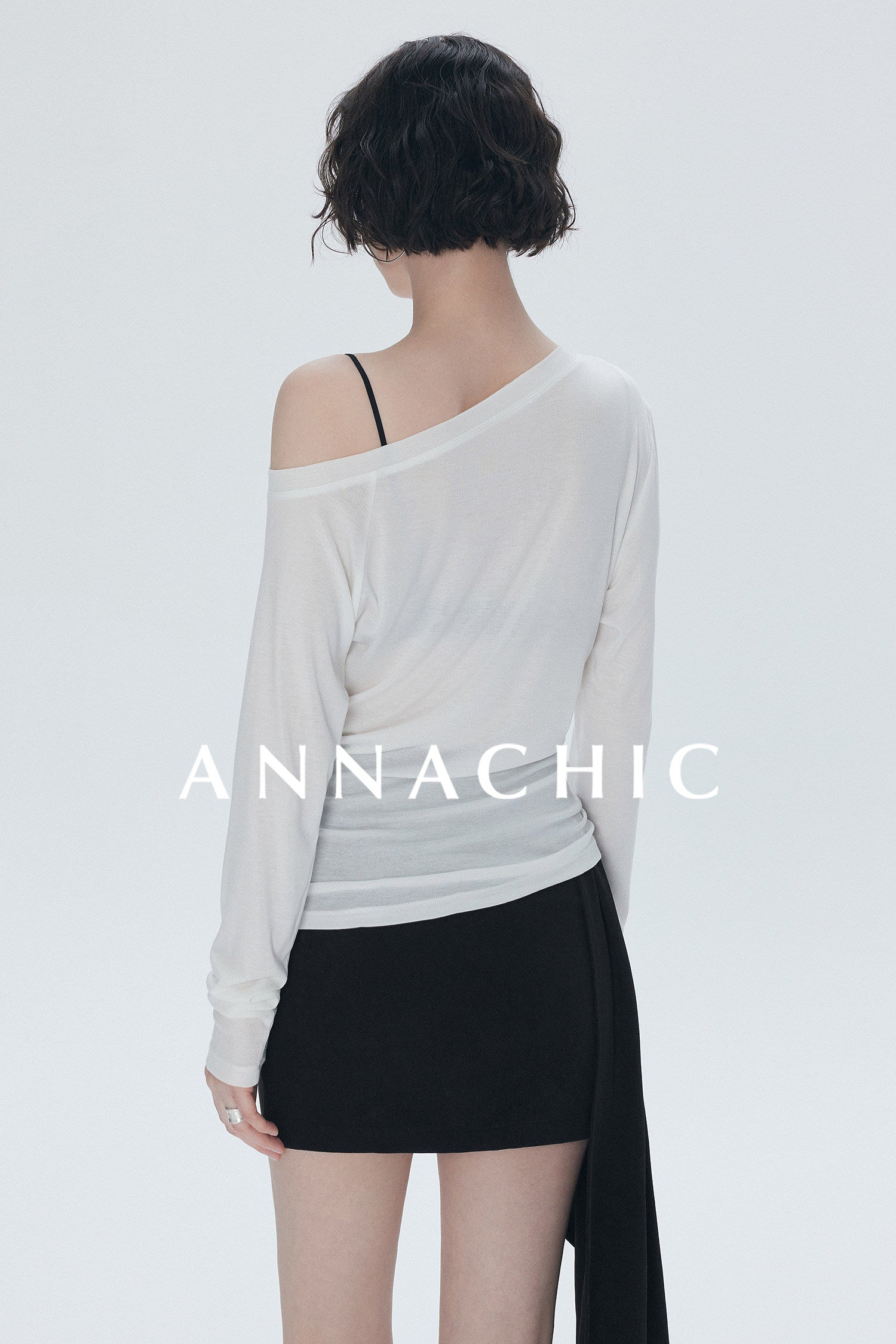 ANNASHIC full score slanted shoulder light transparent nude feeling Tencel long sleeved T-shirt women's thin sunscreen cover shirt off shoulder top