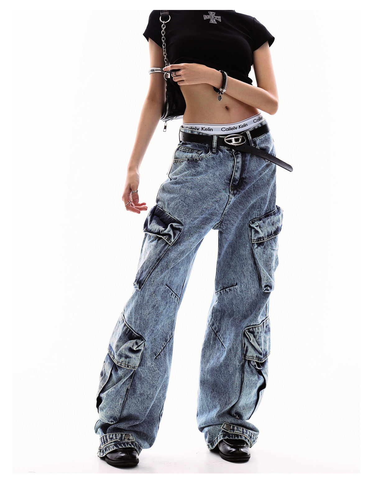 Unisex Multi-Pocket Cargo Denim Wide-Leg Jeans