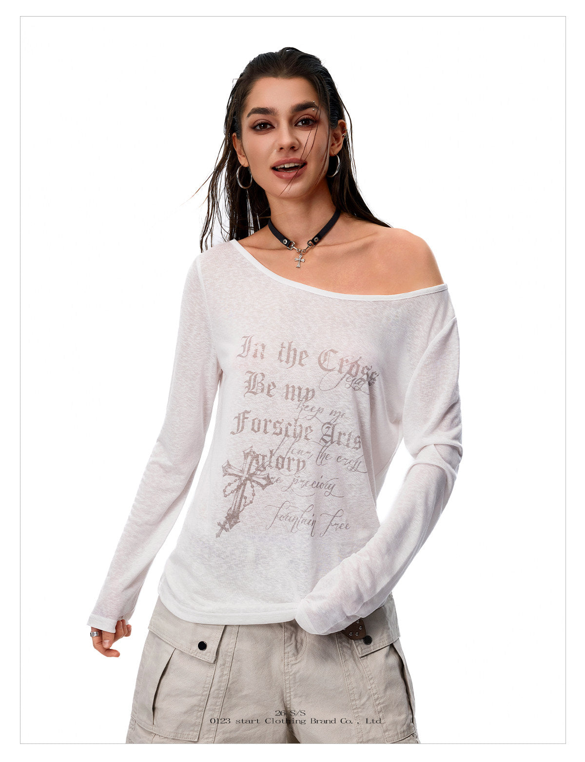 Women's Off-Shoulder Cross Graphic Long Sleeve T-Shirt