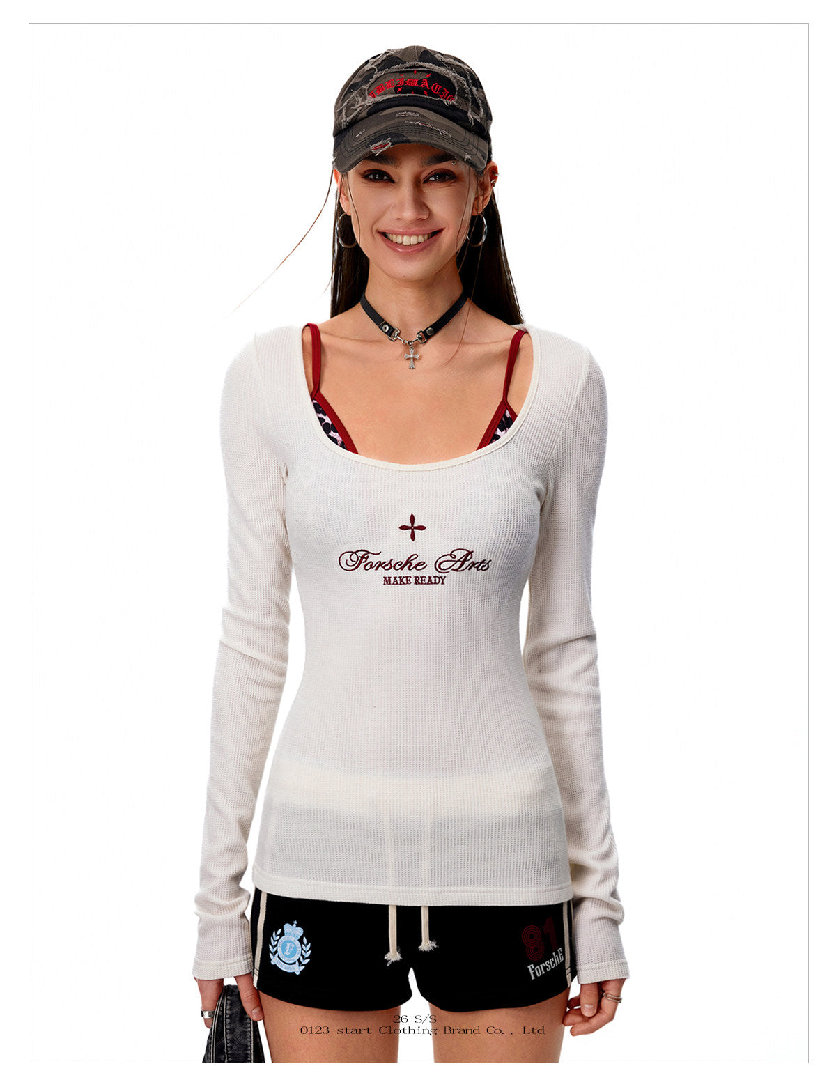 Women's Waffle Knit Deep U Neck Cross Graphic Long Sleeve T-Shirt