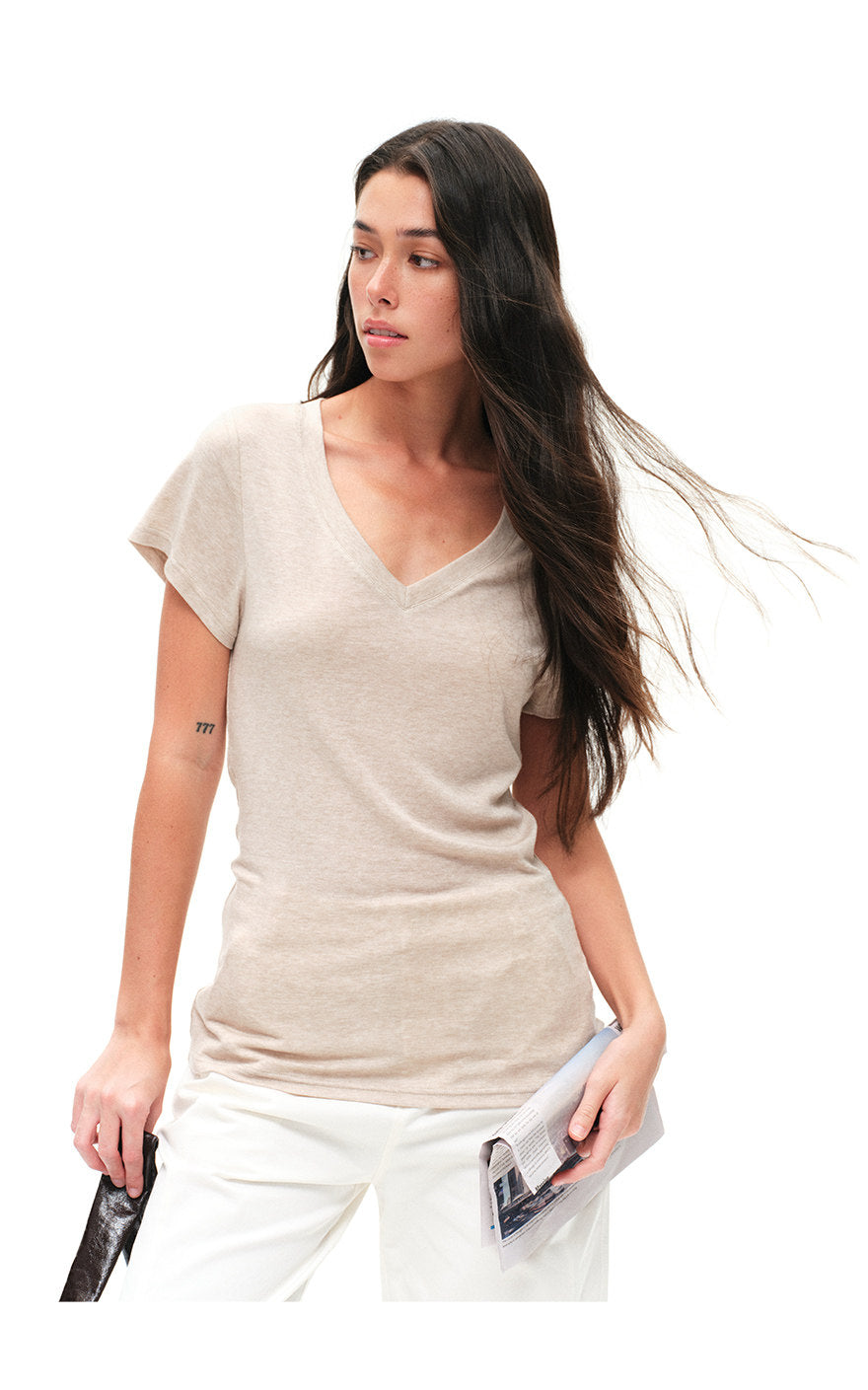 Our Stage Selection Tencel Wool Delicate, Skin friendly, Slimming and Skin Covering V-neck Bat Sleeve Stacked Short Sleeve T-shirt