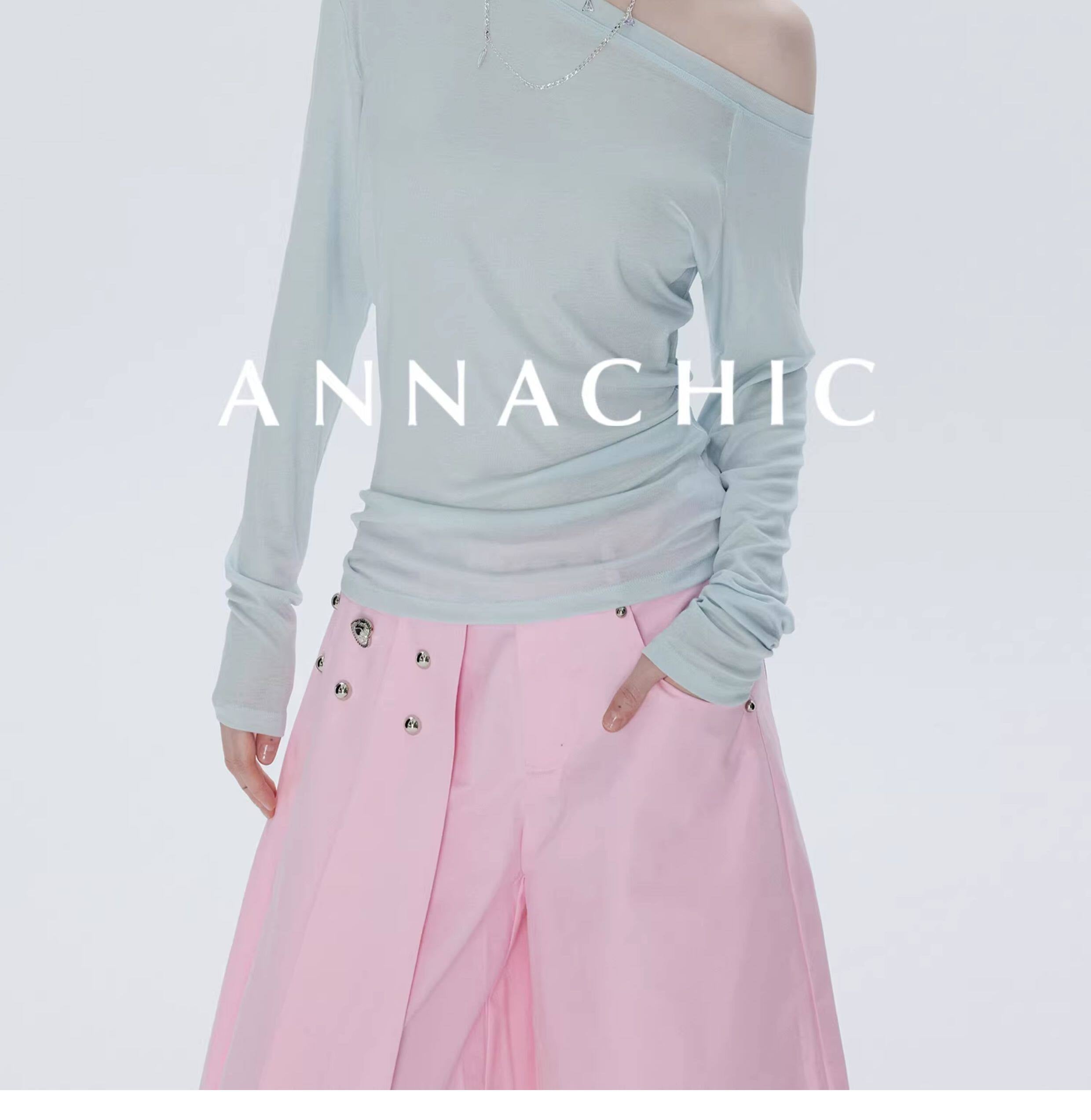 ANNASHIC full score slanted shoulder light transparent nude feeling Tencel long sleeved T-shirt women's thin sunscreen cover shirt off shoulder top