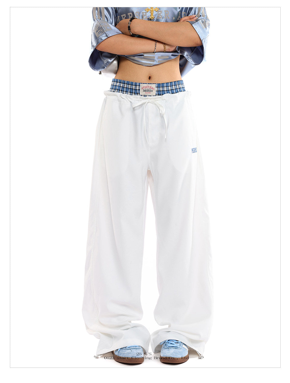 Unisex Double Waist Plaid Patchwork Cargo Pants
