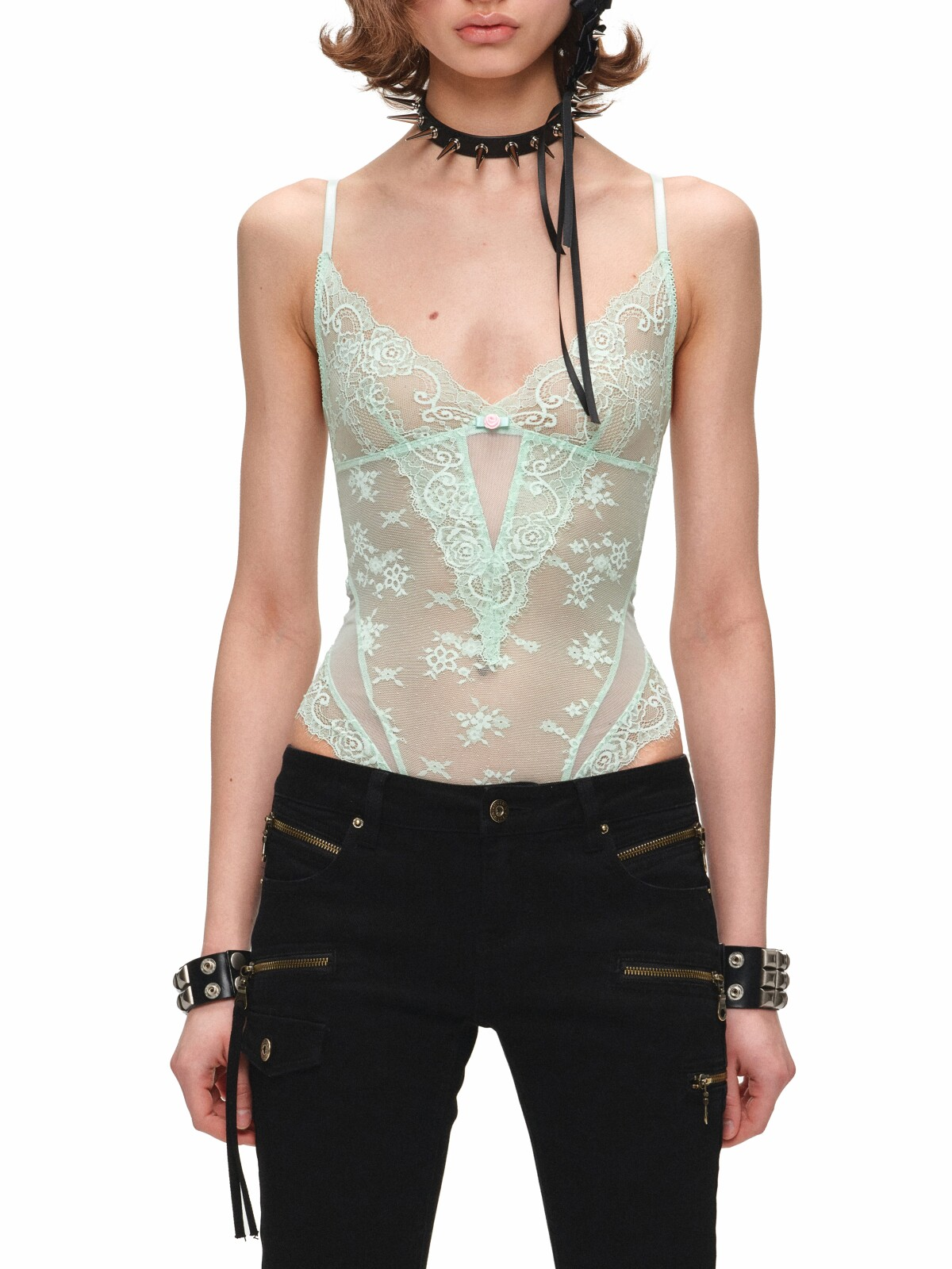 1JINN STUDIOWomen's Lace Mesh Cami Bodysuit
