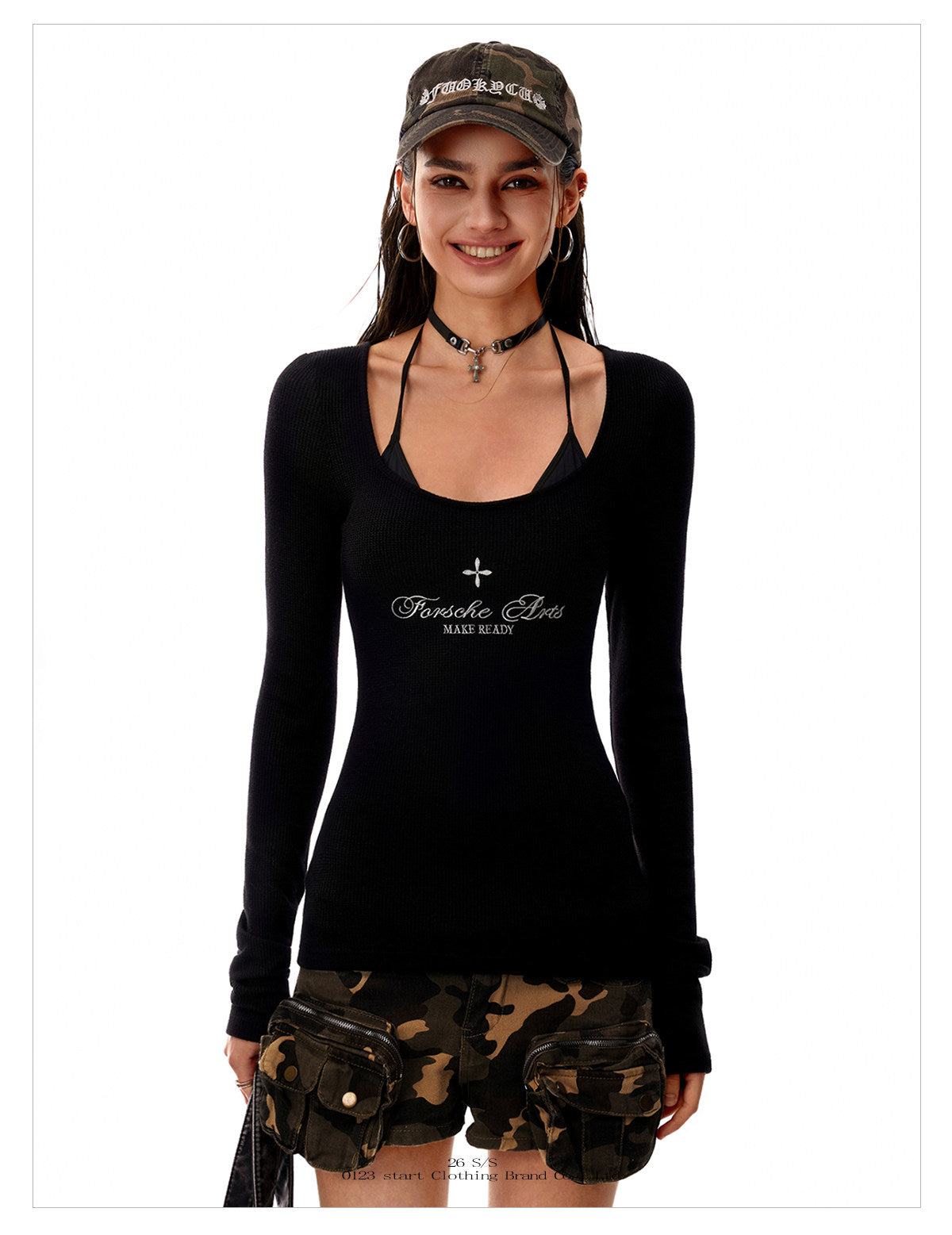 Women's Waffle Knit Deep U Neck Cross Graphic Long Sleeve T-Shirt