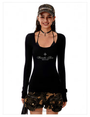 Women's Waffle Knit Deep U Neck Cross Graphic Long Sleeve T-Shirt