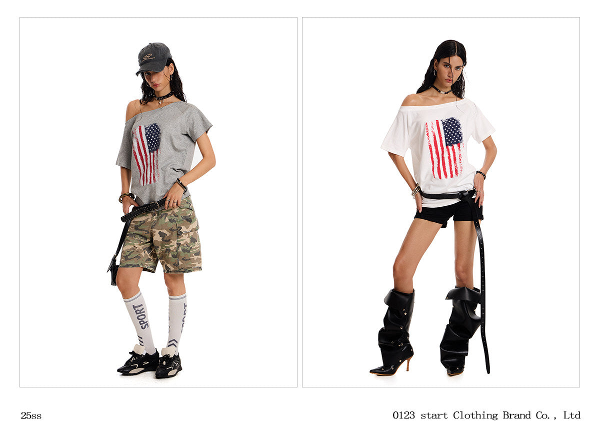 Badblood Women's Vintage Flag Graphic One-Shoulder Slim Fit T-Shirt