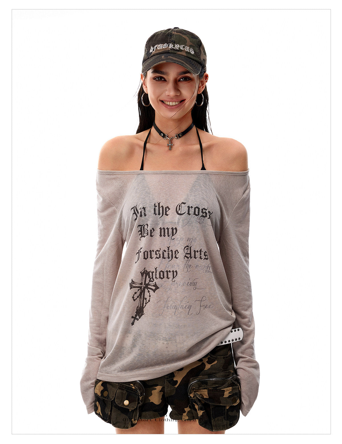 Women's Off-Shoulder Cross Graphic Long Sleeve T-Shirt