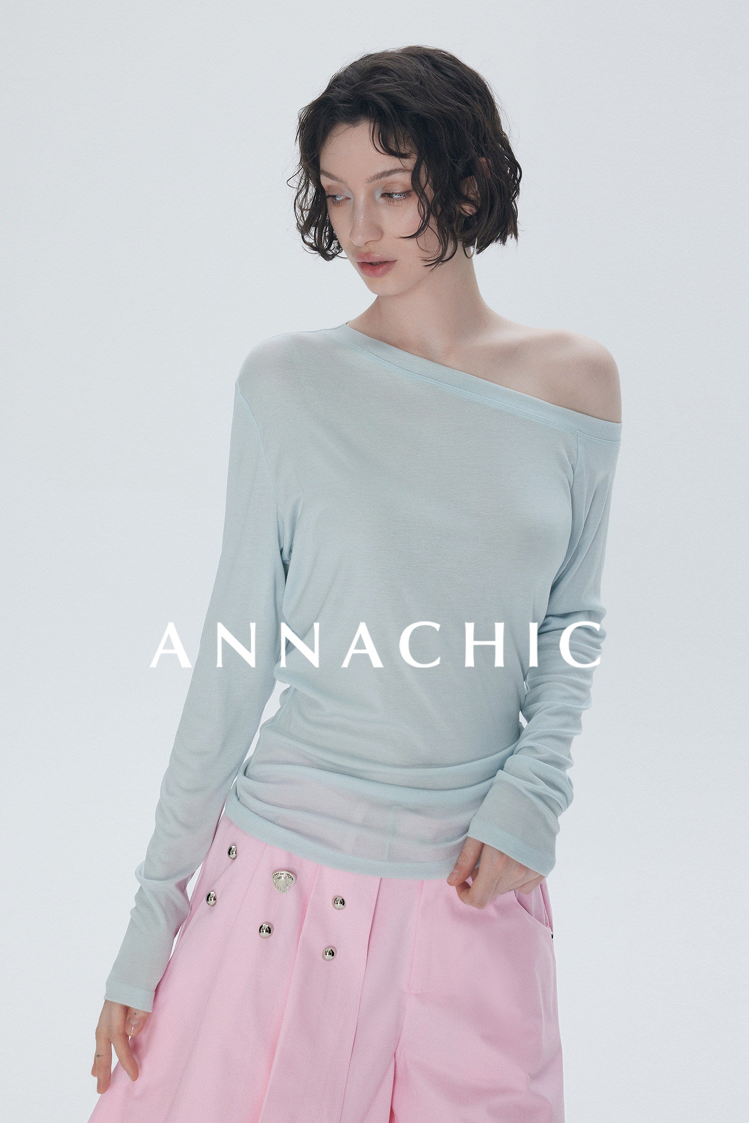 ANNASHIC full score slanted shoulder light transparent nude feeling Tencel long sleeved T-shirt women's thin sunscreen cover shirt off shoulder top