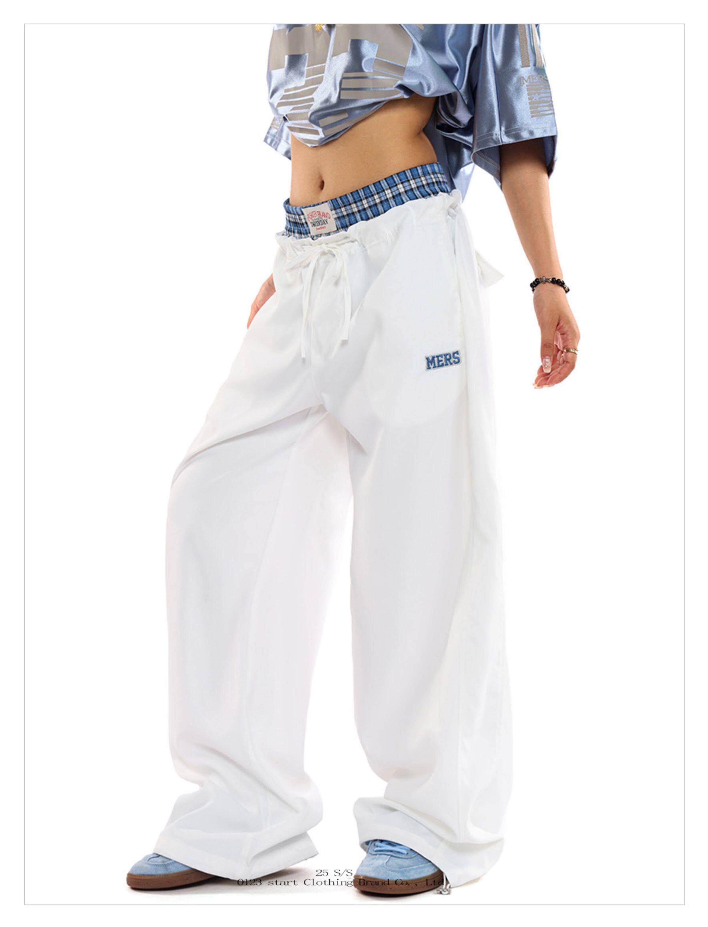 Unisex Double Waist Plaid Patchwork Cargo Pants