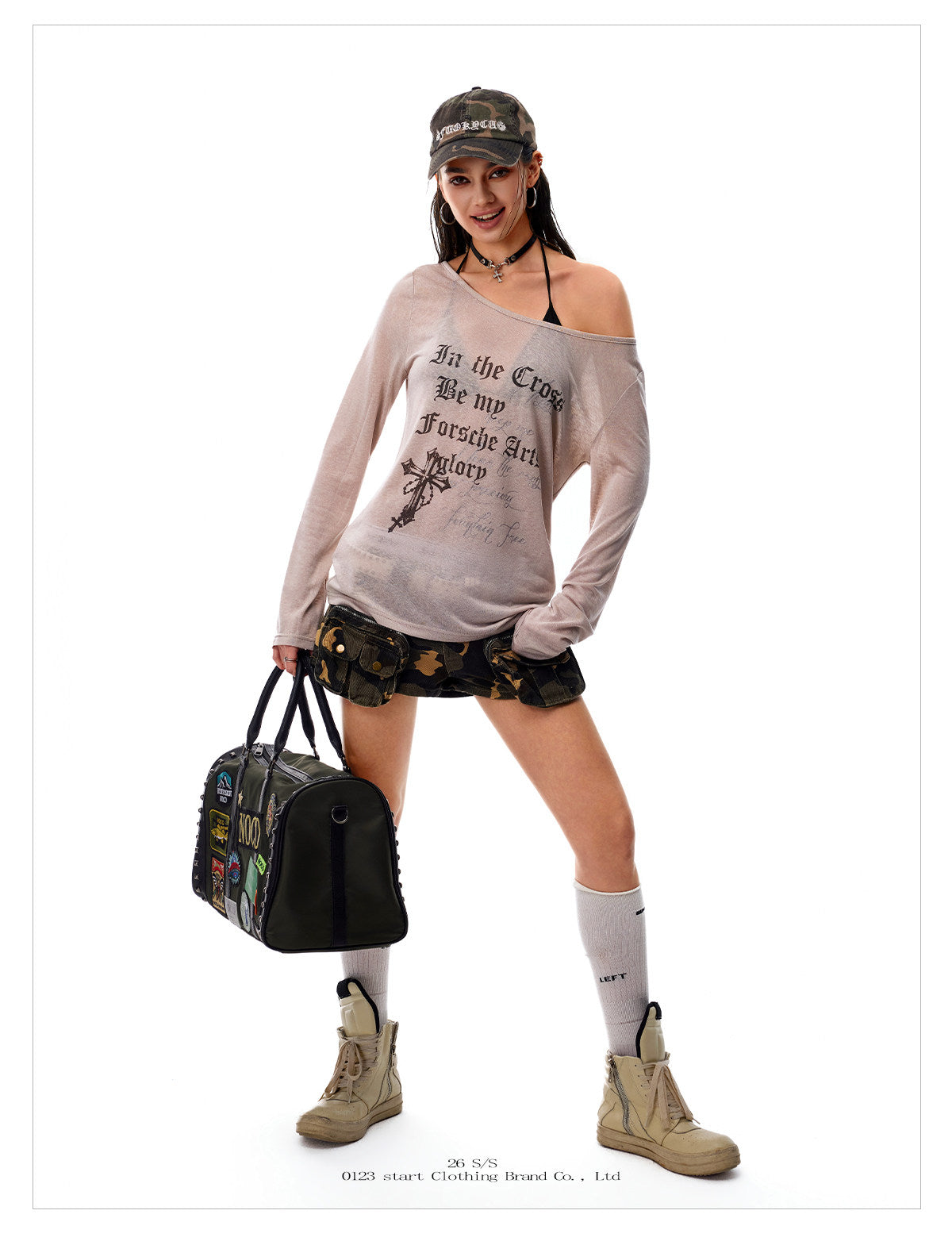 Women's Off-Shoulder Cross Graphic Long Sleeve T-Shirt