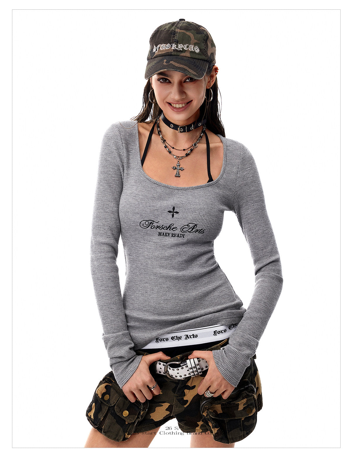Women's Waffle Knit Deep U Neck Cross Graphic Long Sleeve T-Shirt