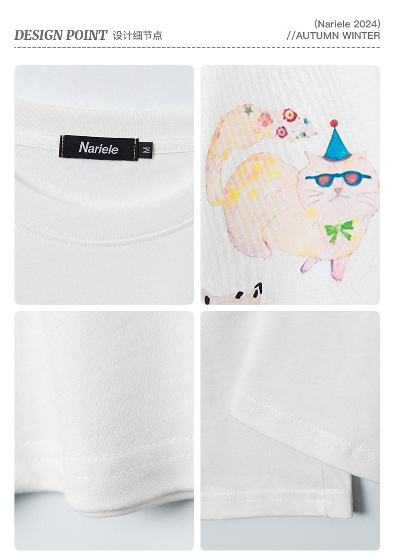 Women's Cat Graphic Long Sleeve Crew Neck T-Shirt
