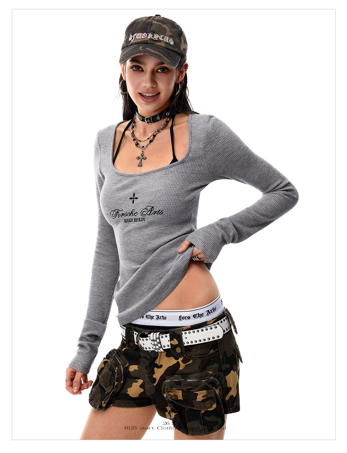 Women's Waffle Knit Deep U Neck Cross Graphic Long Sleeve T-Shirt