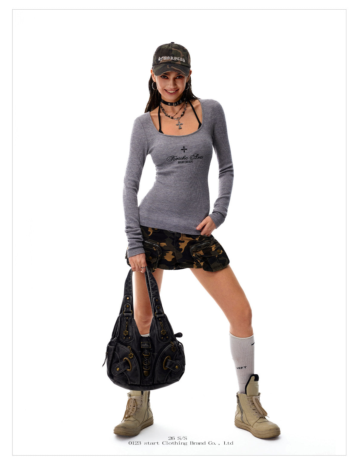Women's Waffle Knit Deep U Neck Cross Graphic Long Sleeve T-Shirt