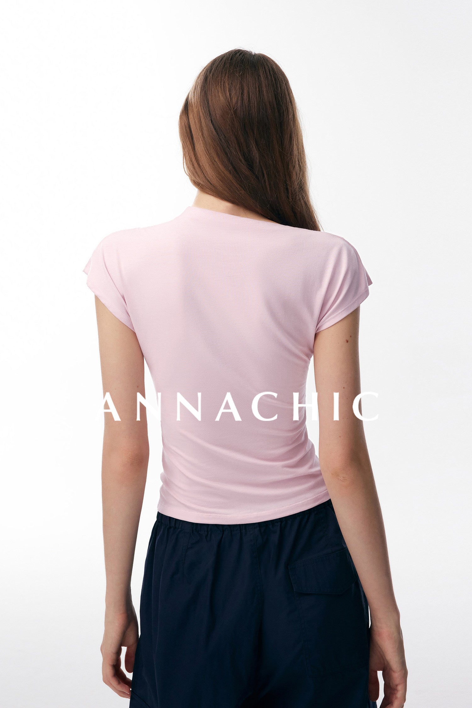 ANNACHIC Line Aesthetics _ White Irregular Little Flying Sleeve T-shirt for Women with Folded Waist Short Sleeve/Sleeveless Top