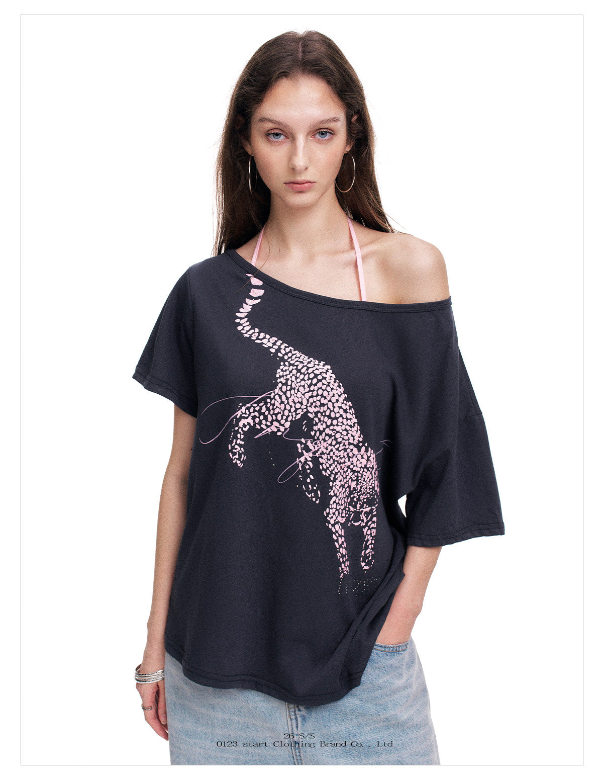 Badblood Women's Leopard Print One-Shoulder Slim Fit T-Shirt