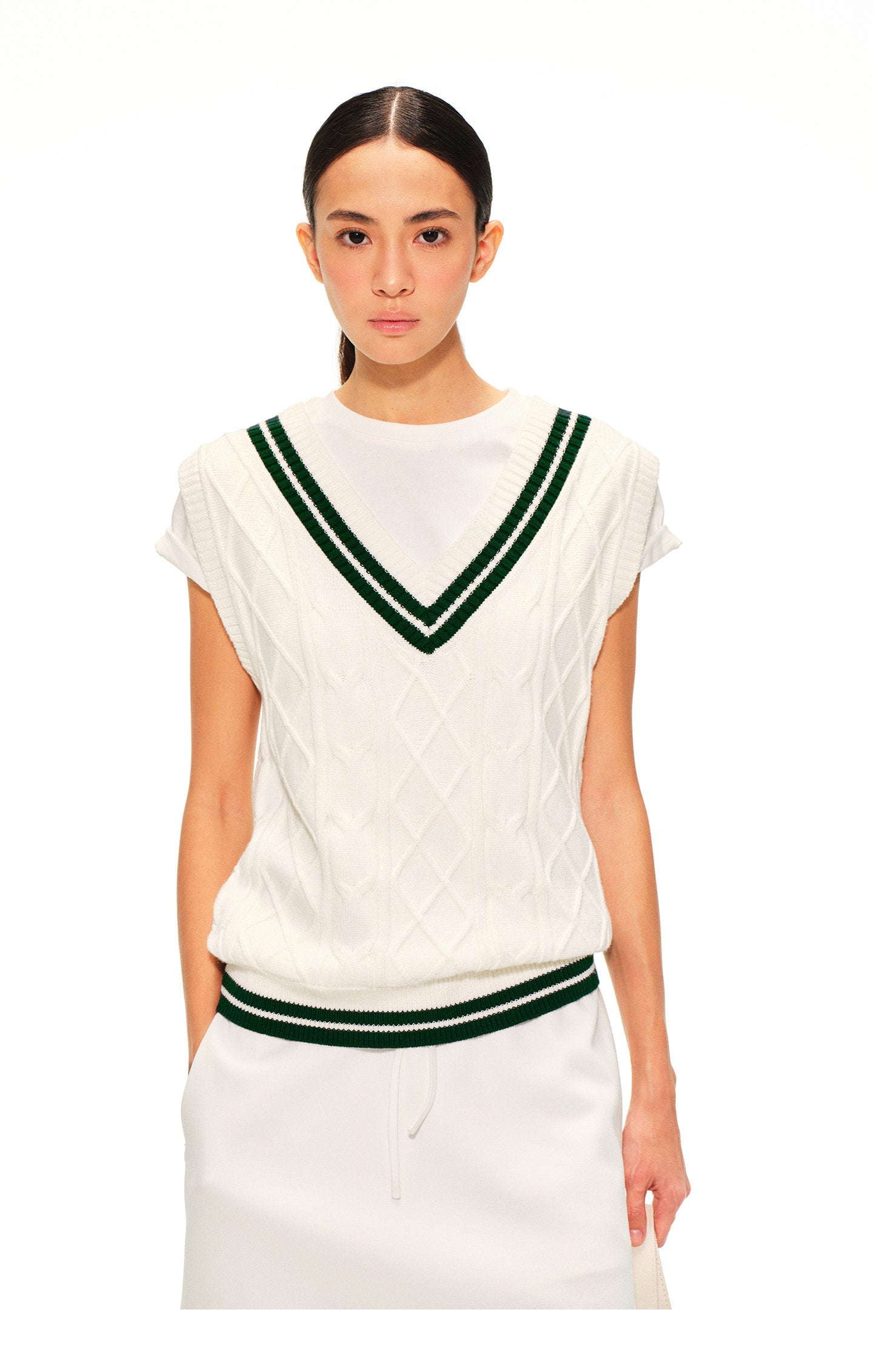 Our Stage Women's Wool Blend Contrast Trim Cable Knit V-Neck Sweater Vest