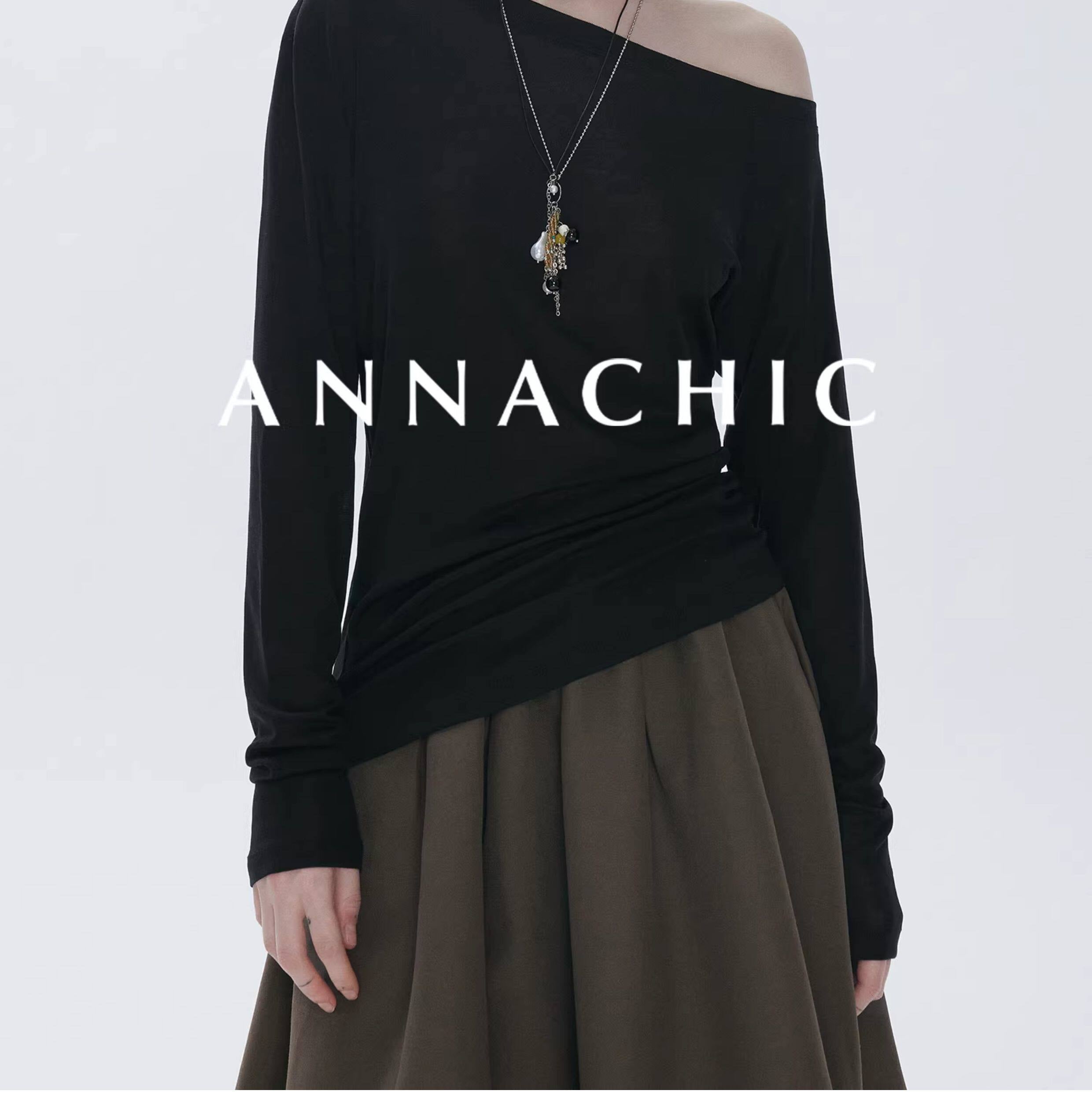ANNASHIC full score slanted shoulder light transparent nude feeling Tencel long sleeved T-shirt women's thin sunscreen cover shirt off shoulder top