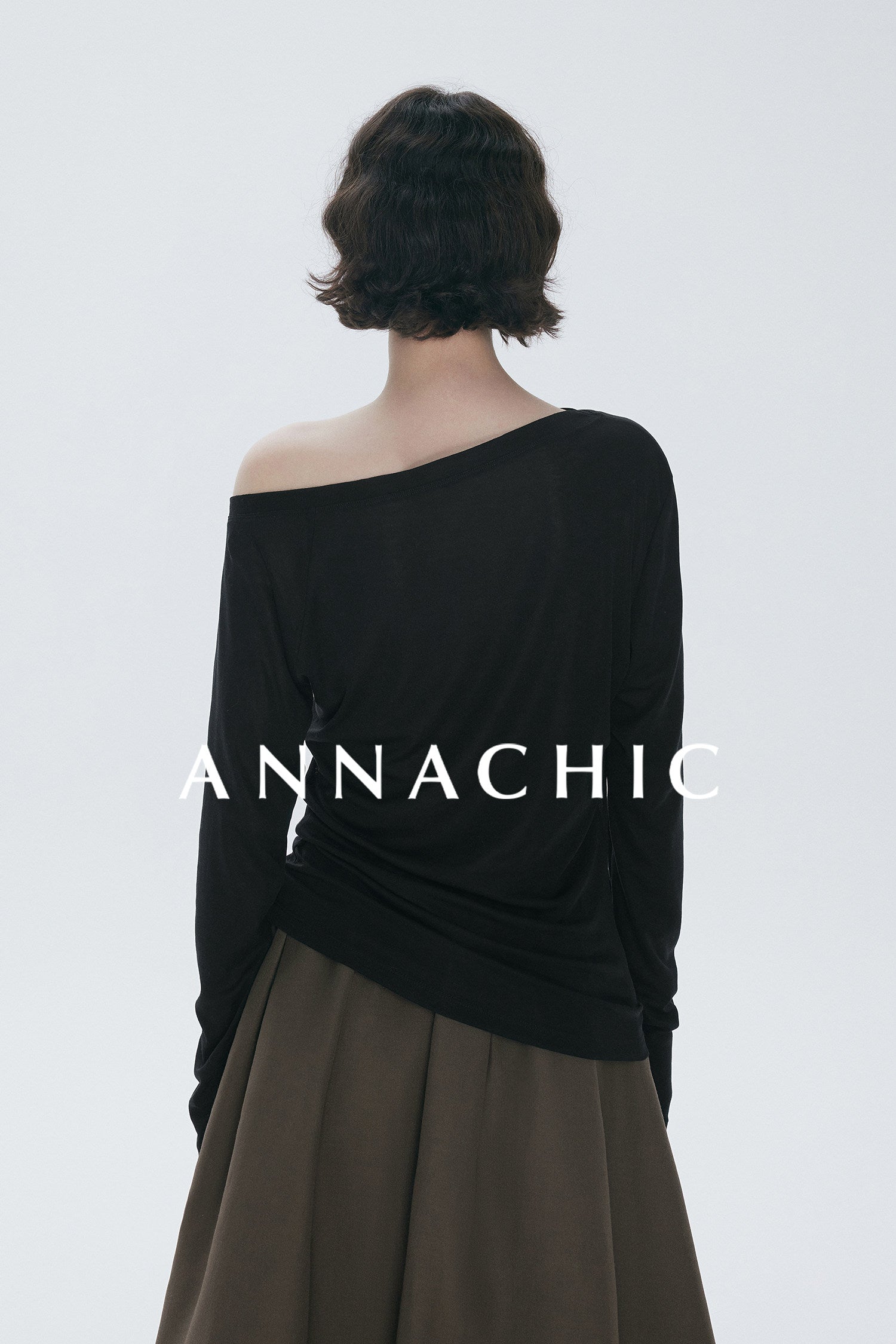 ANNASHIC full score slanted shoulder light transparent nude feeling Tencel long sleeved T-shirt women's thin sunscreen cover shirt off shoulder top