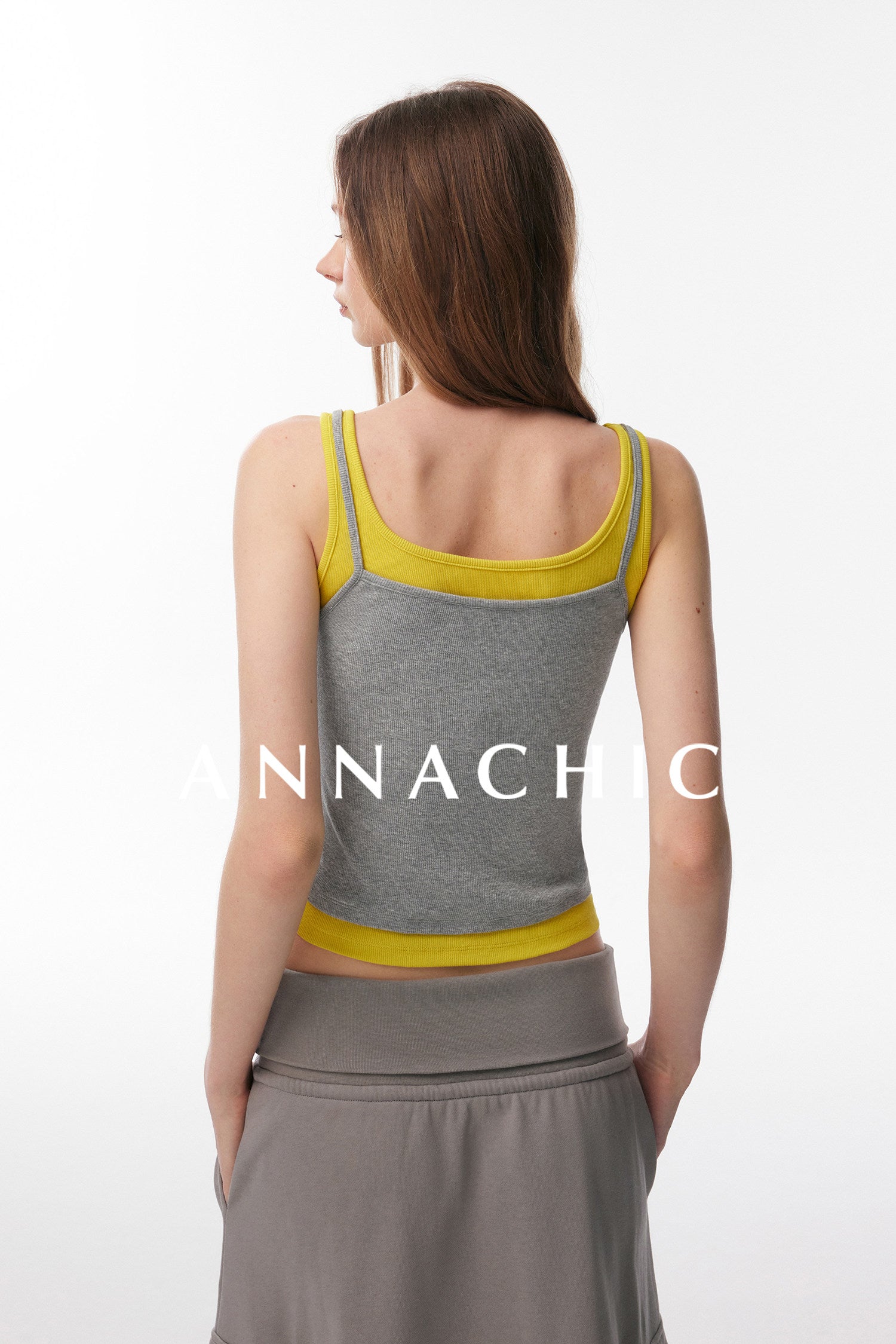 ANNASHIC Fashionable Stacked Wear | M1u Series Color Contrasting Fake Two piece Strap Tank Top for Women's Summer Hot Girl, Slim Fit Elastic Top