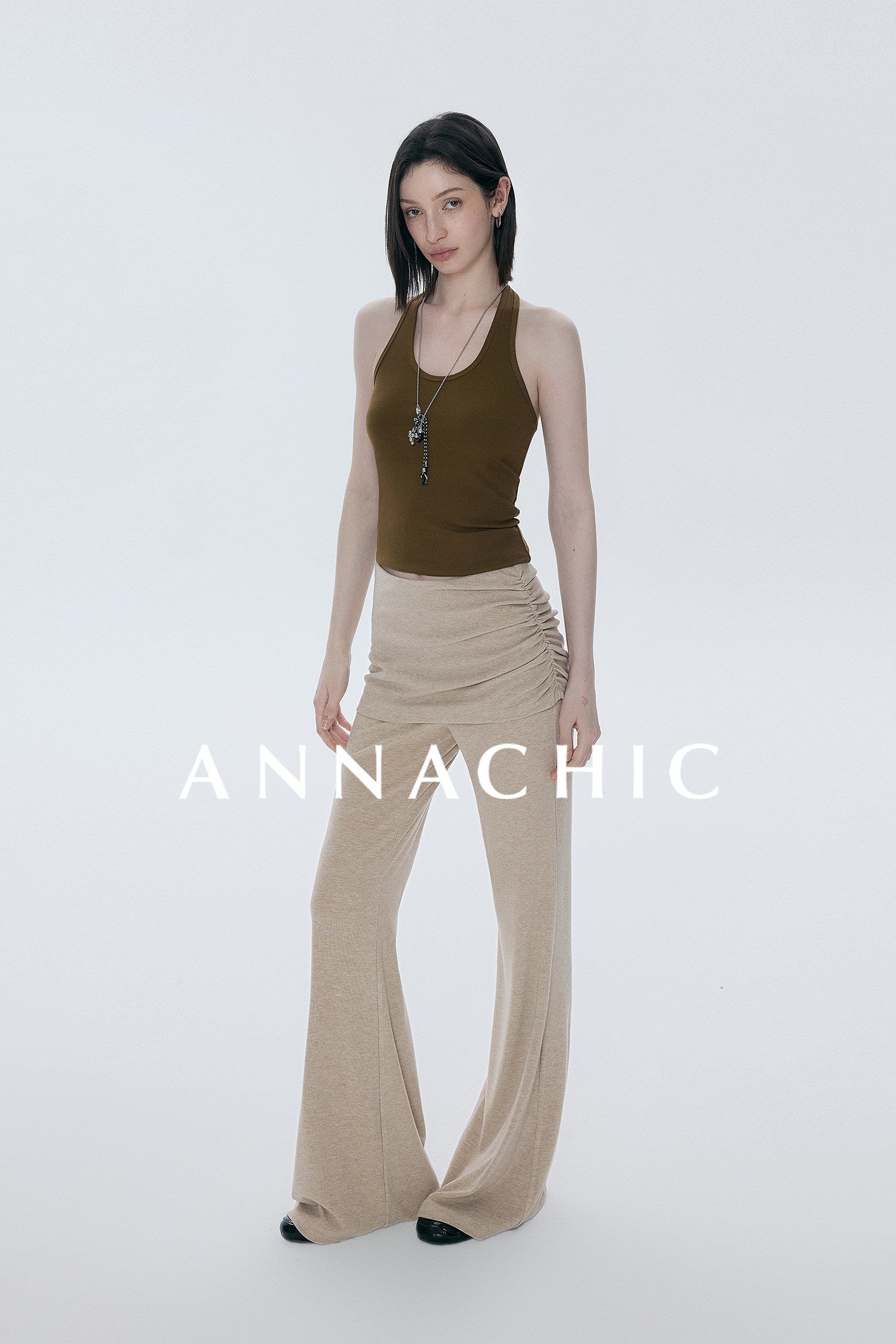 ANNASHIC slim leg pants _ Fake two-piece crotch covering fart curtain micro flared pants _ Slim fit and slimming knitted yoga pants