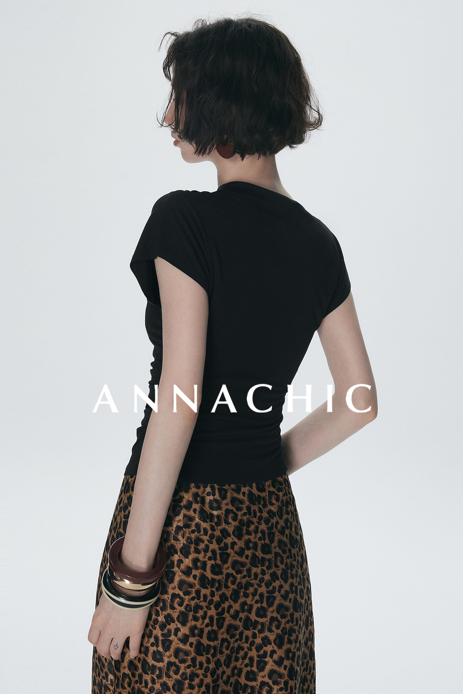 ANNACHIC Line Aesthetics _ White Irregular Little Flying Sleeve T-shirt for Women with Folded Waist Short Sleeve/Sleeveless Top