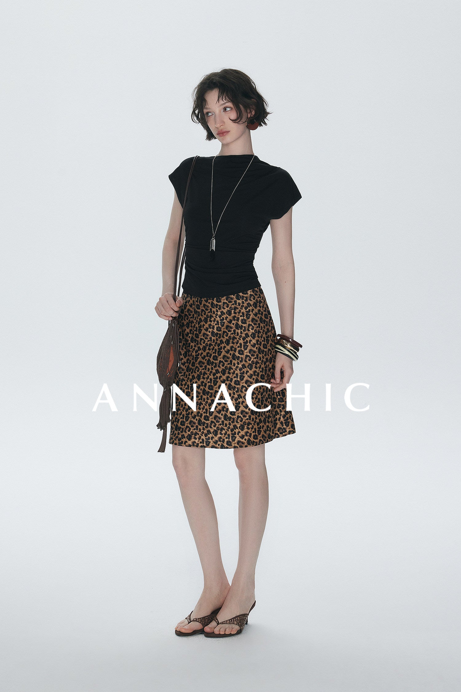 ANNACHIC Line Aesthetics _ White Irregular Little Flying Sleeve T-shirt for Women with Folded Waist Short Sleeve/Sleeveless Top