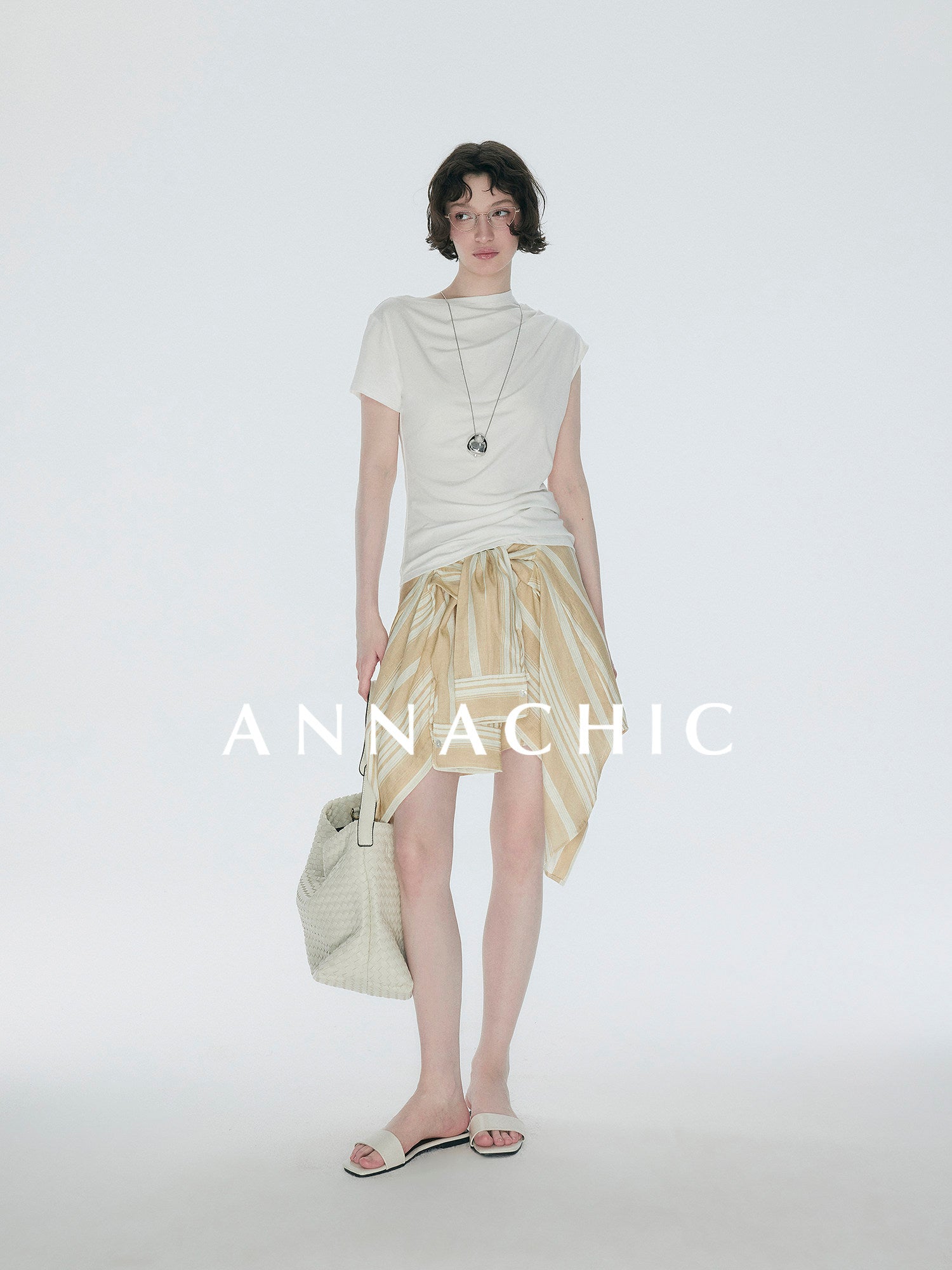 ANNACHIC Line Aesthetics _ White Irregular Little Flying Sleeve T-shirt for Women with Folded Waist Short Sleeve/Sleeveless Top