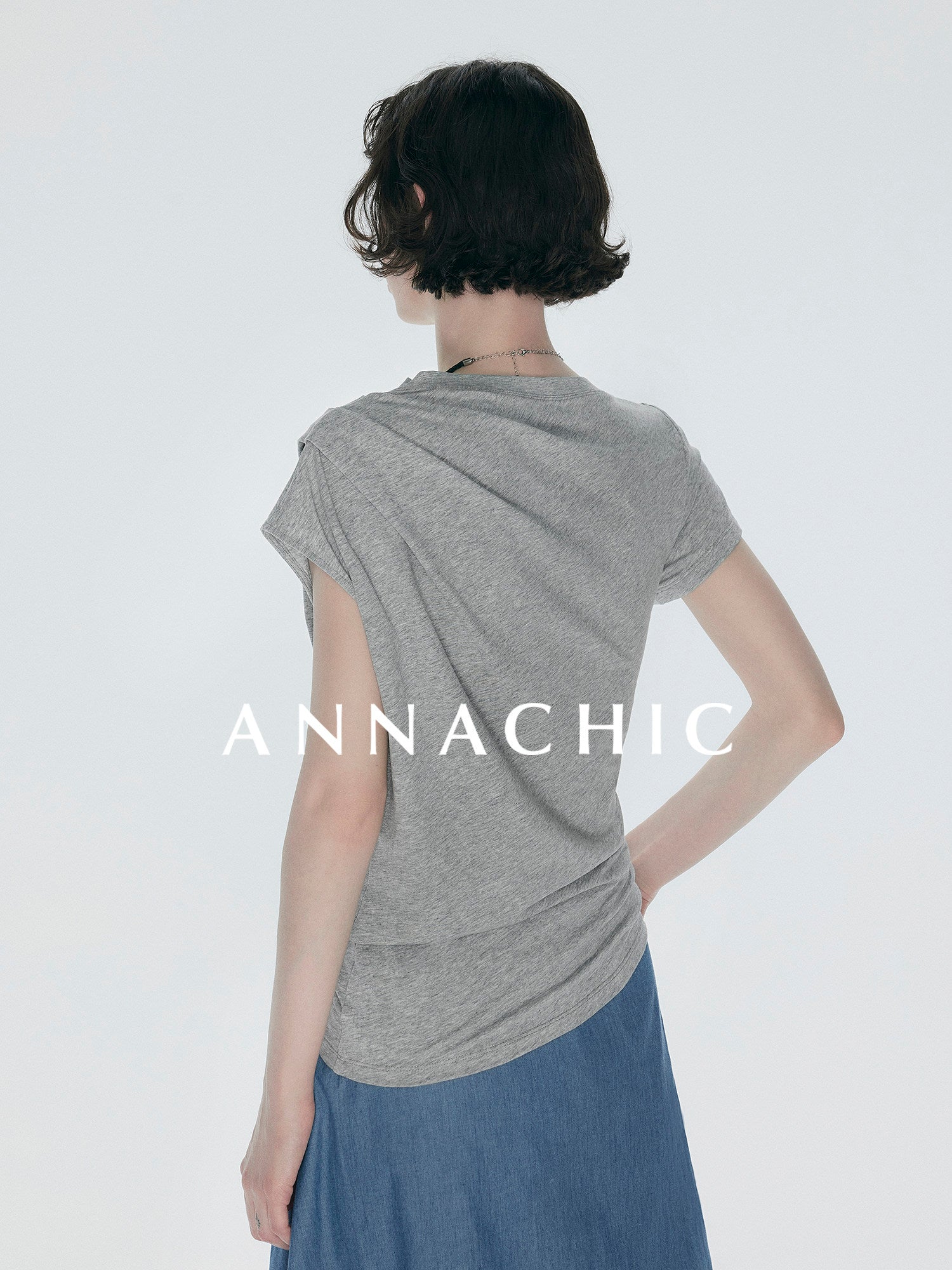 ANNACHIC Line Aesthetics _ White Irregular Little Flying Sleeve T-shirt for Women with Folded Waist Short Sleeve/Sleeveless Top
