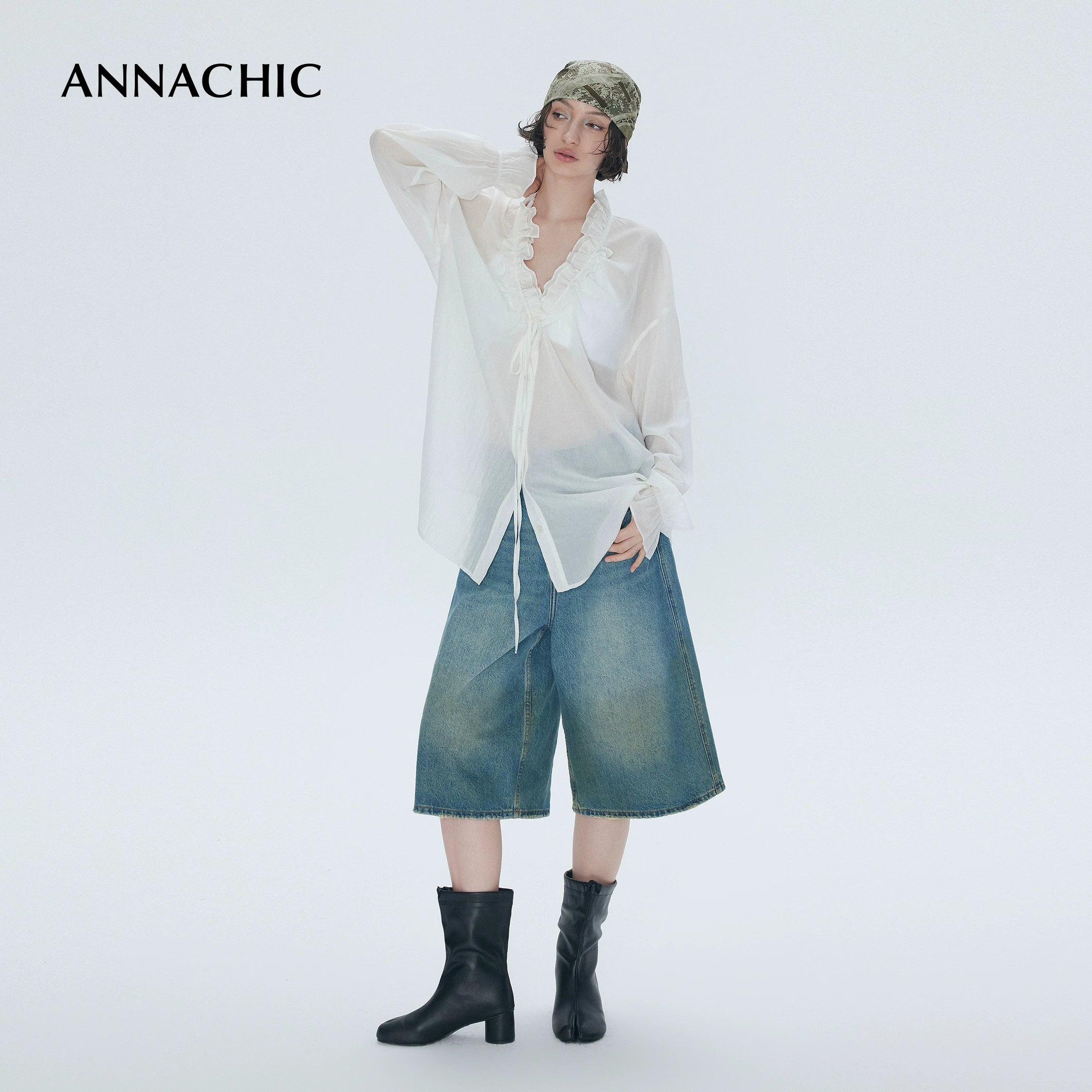 ANNASHIC Stylish Blogger's Style _ Lightweight and Micro Transparent Ruffle Drawn Collar Shirt _ Loose Sunscreen Shirt