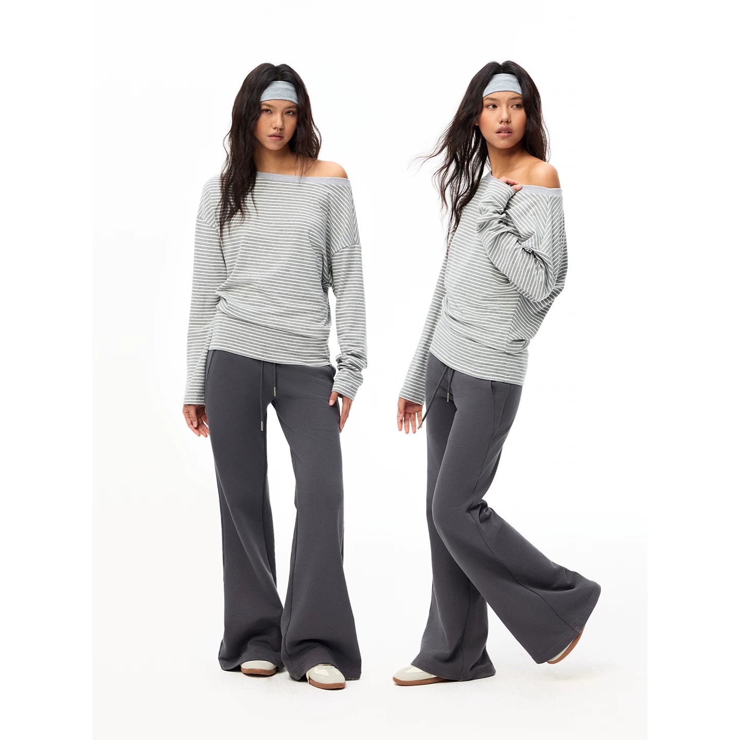 Our Stage Drop Smooth Slant Shoulder One Shoulder Top Women's Loose Look Slimming Striped Long Sleeve T-shirt