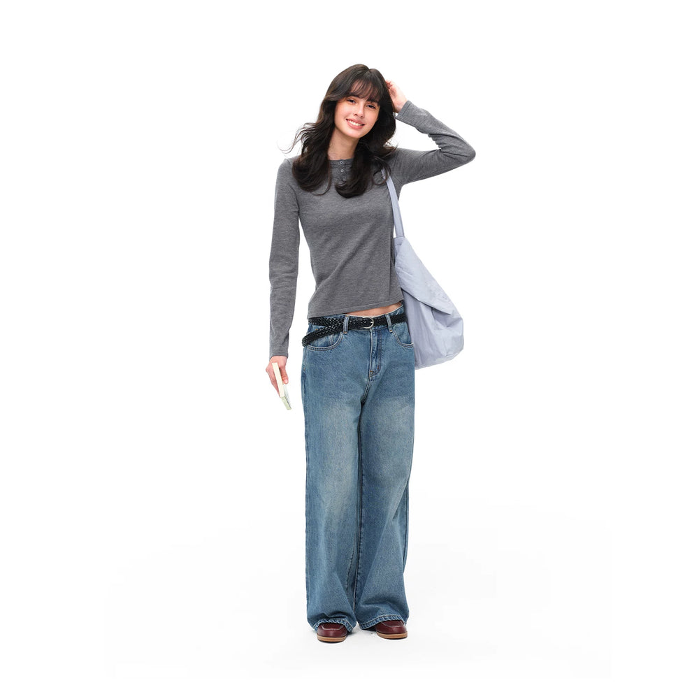 Our Stage 100% cotton mid low rise retro casual loose straight tube slimming versatile washed blue jeans