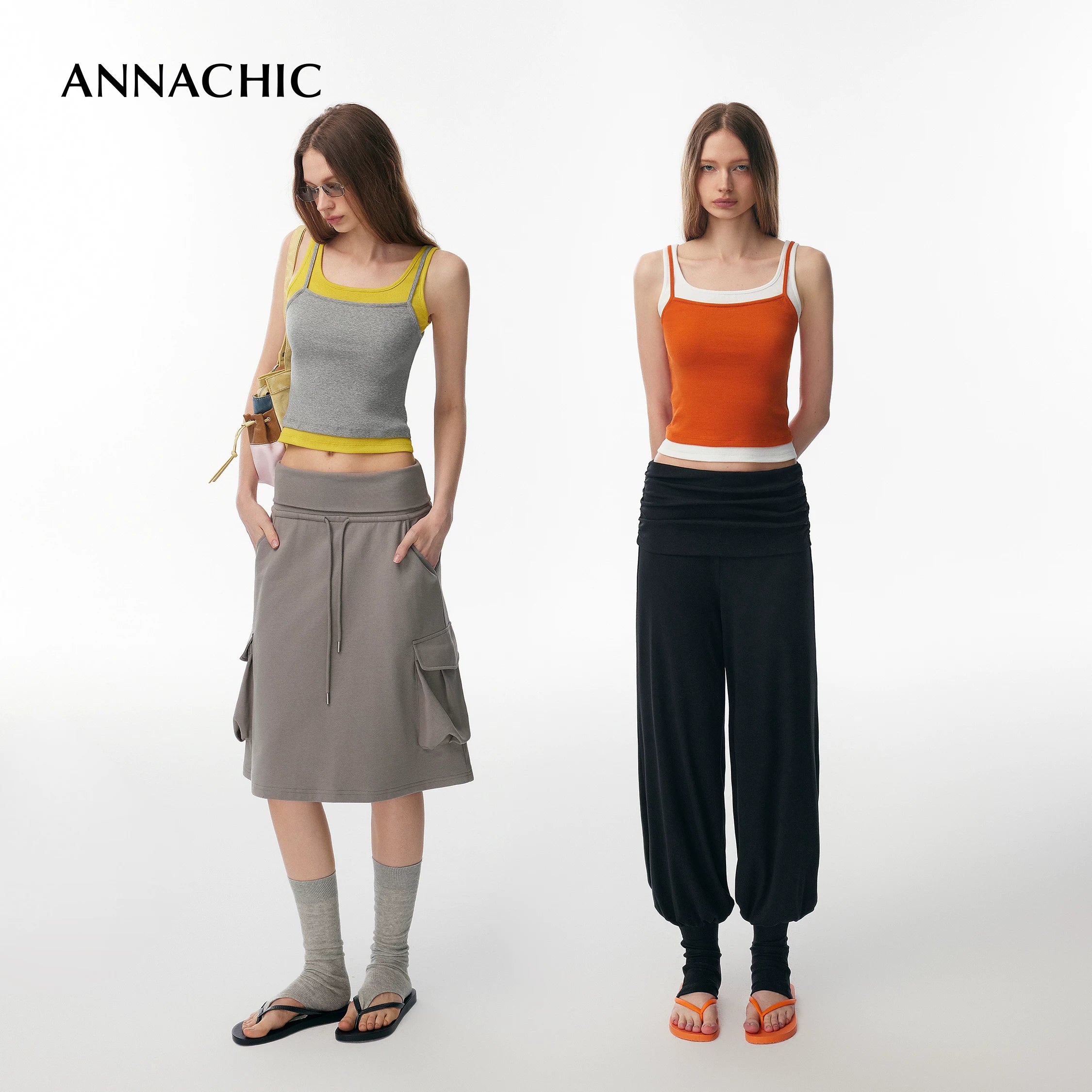 ANNASHIC Fashionable Stacked Wear | M1u Series Color Contrasting Fake Two piece Strap Tank Top for Women's Summer Hot Girl, Slim Fit Elastic Top