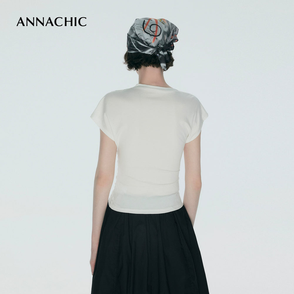 ANNACHIC Line Aesthetics _ White Irregular Little Flying Sleeve T-shirt for Women with Folded Waist Short Sleeve/Sleeveless Top