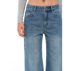 Our Stage 100% cotton mid low rise retro casual loose straight tube slimming versatile washed blue jeans