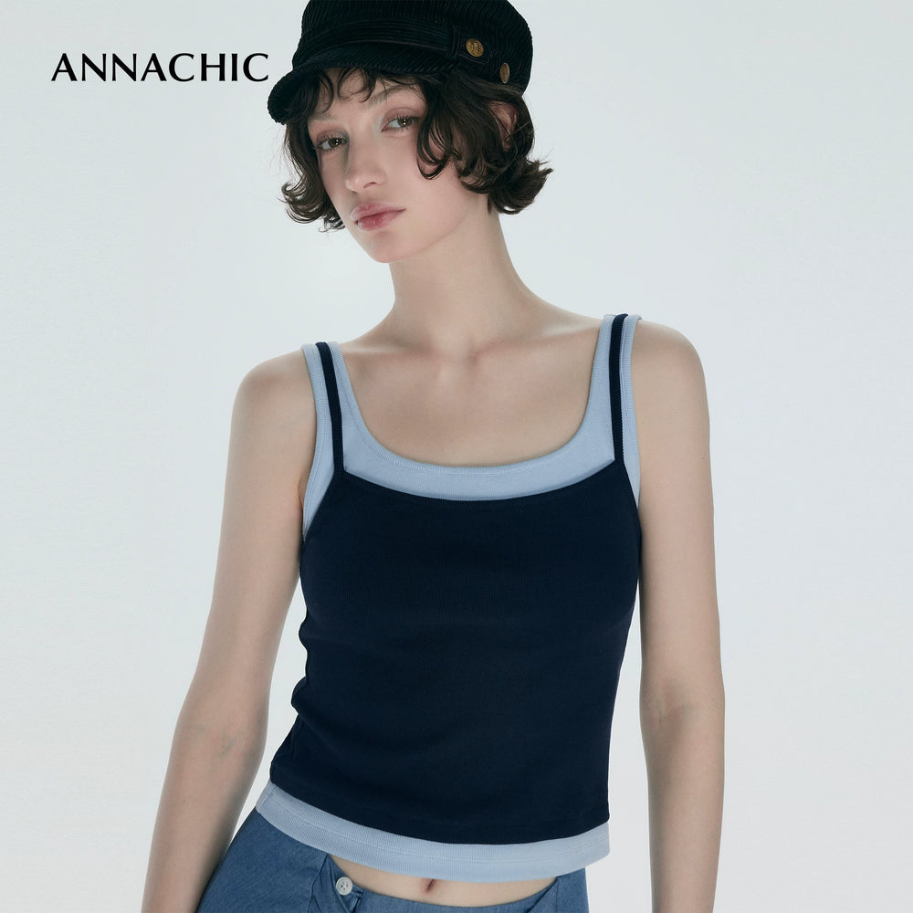 ANNASHIC Fashionable Stacked Wear | M1u Series Color Contrasting Fake Two piece Strap Tank Top for Women's Summer Hot Girl, Slim Fit Elastic Top