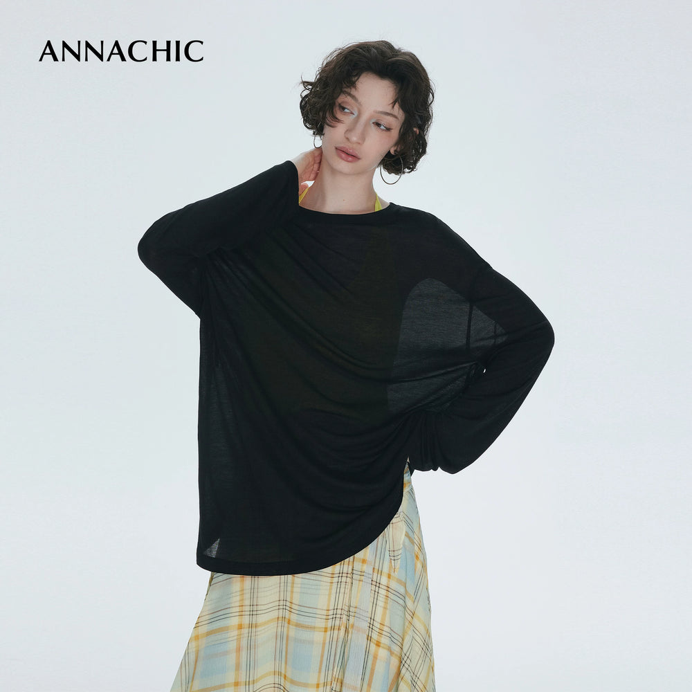 ANNACHIC“呼吸T”轻透裸感天丝长袖T恤女/宽松防晒罩衫空气T上衣